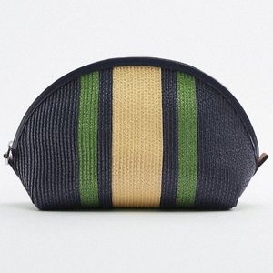 ZARA Contrast Stripe Woven Cosmetics/Toiletry Clutch Bag Navy/Tan/Green Sz Med